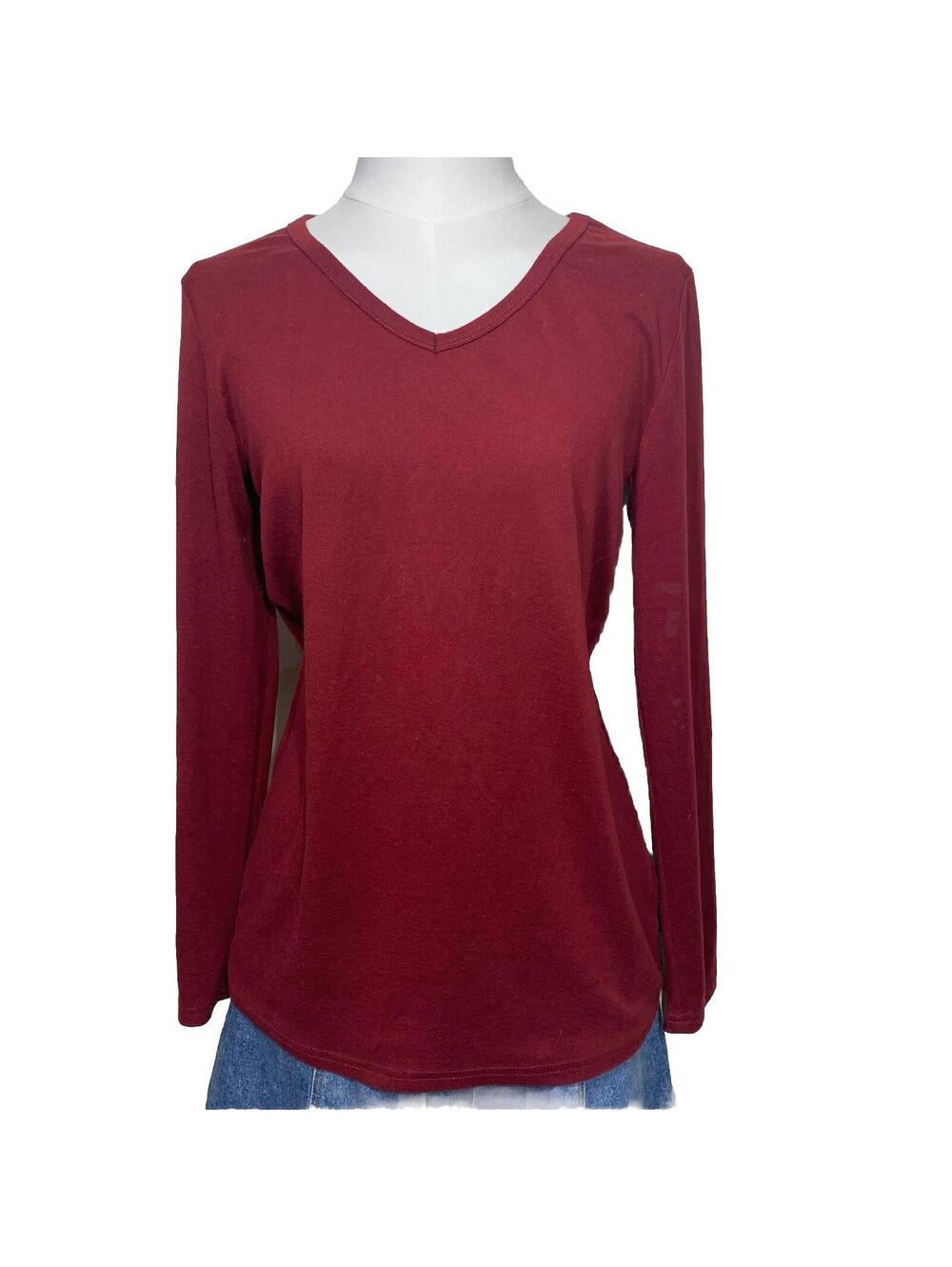 Yidarton V-Neck Top Womens Small Burgundy Long Sleeve Curved Hem Solid Tee